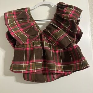 Day + Moon - Brown Plaid and Pink/Green Ruffle Top